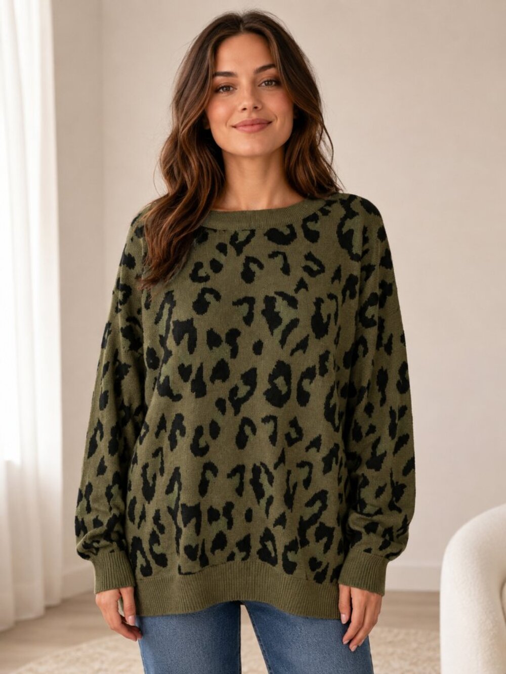 Unbranded Leopard Print Sweater Small Olive Green Black Crewneck